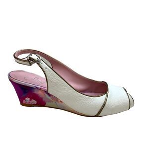 🔵Shoes of Prey White Gold Slingback Wedges Floral Wrapped Heels 37 / 7 WIDE